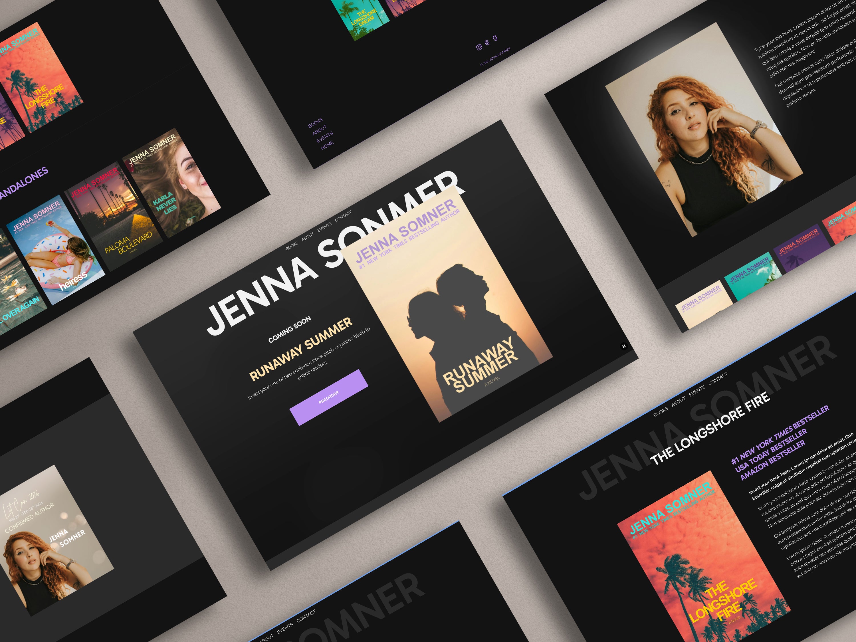 Multiple screens displaying various Modesta - Dark Squarespace websites template pages.