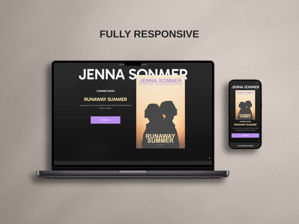 Laptop and phone of Modesta - Dark Squarespace author website template showing responsive design.