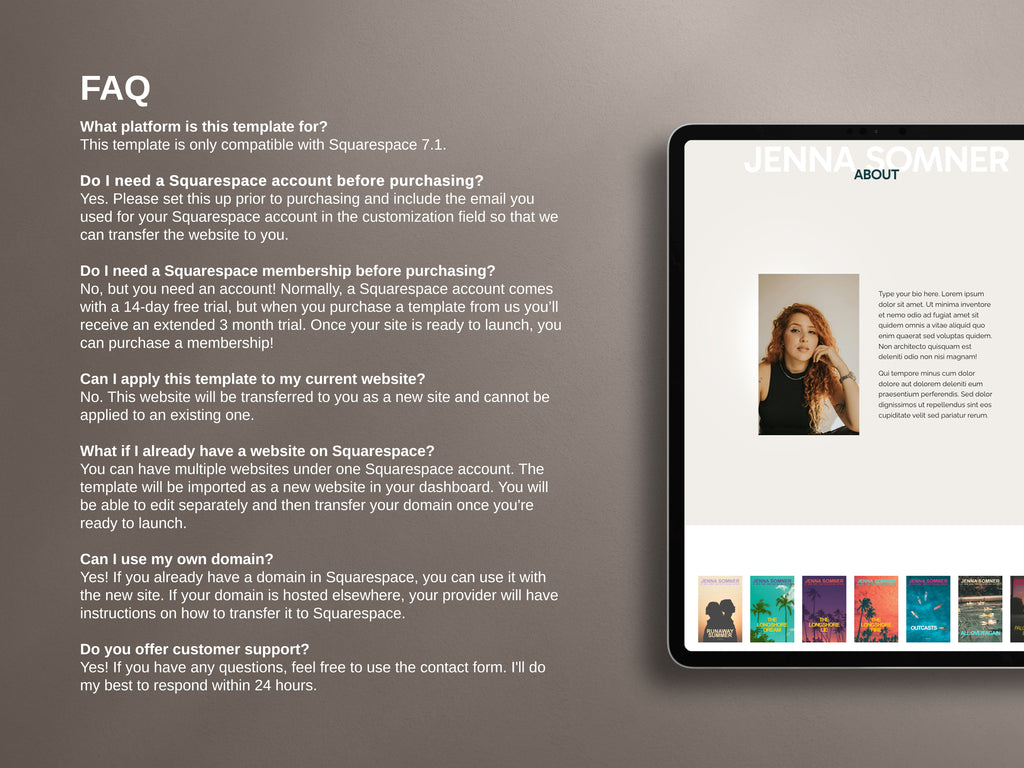 Modesta Light Squarespace author website template frequently asked questions.