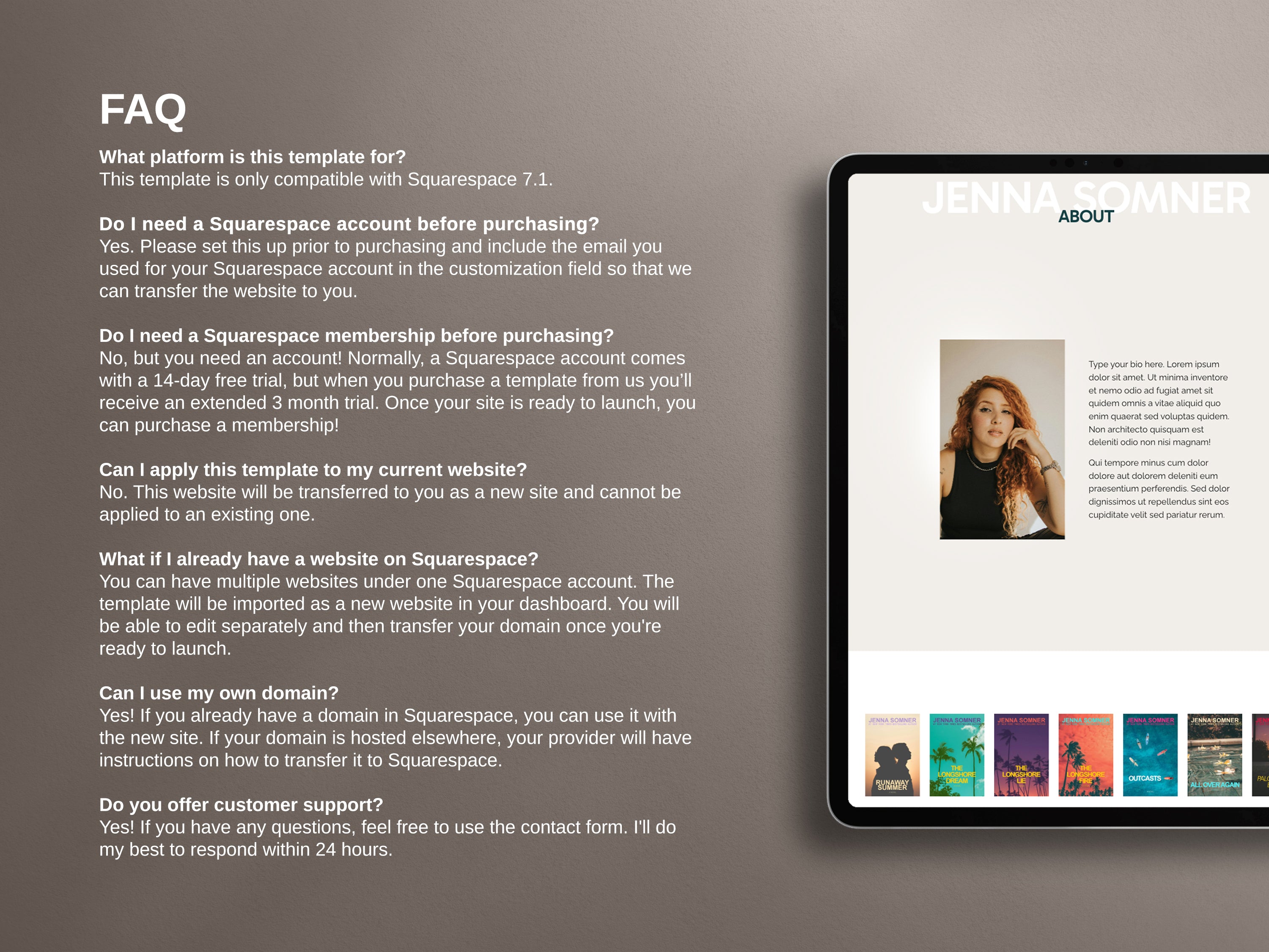 Modesta Light Squarespace author website template frequently asked questions.