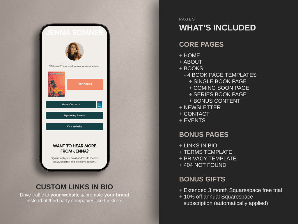 Modesta Dark author Squarespace website  template core and bonus pages listed on a neutral background.