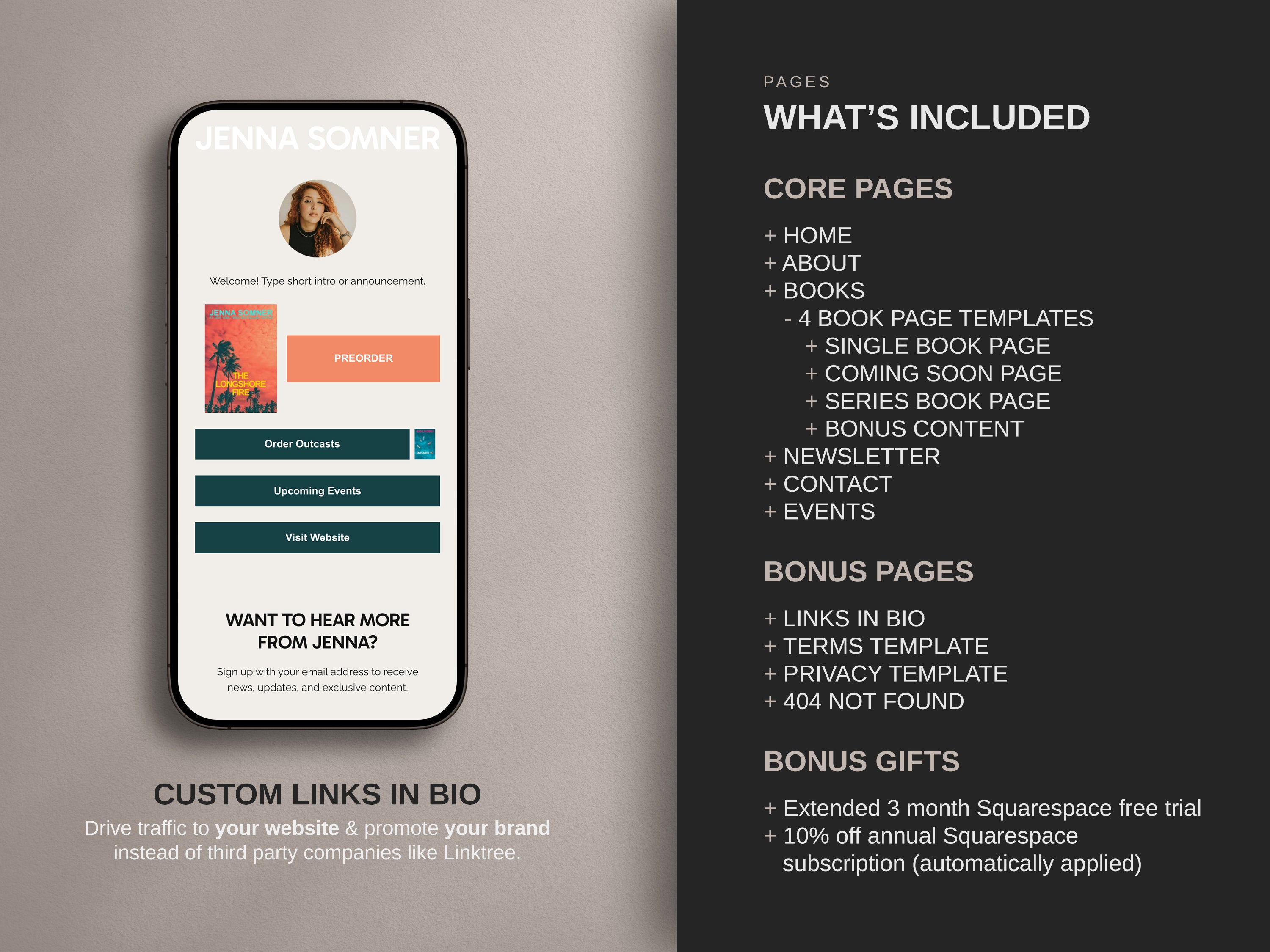 Modesta Dark author Squarespace website  template core and bonus pages listed on a neutral background.