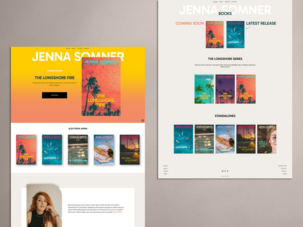 Light themed Squarespace website template for Contemporary authors with light aesthetic and orange accents.