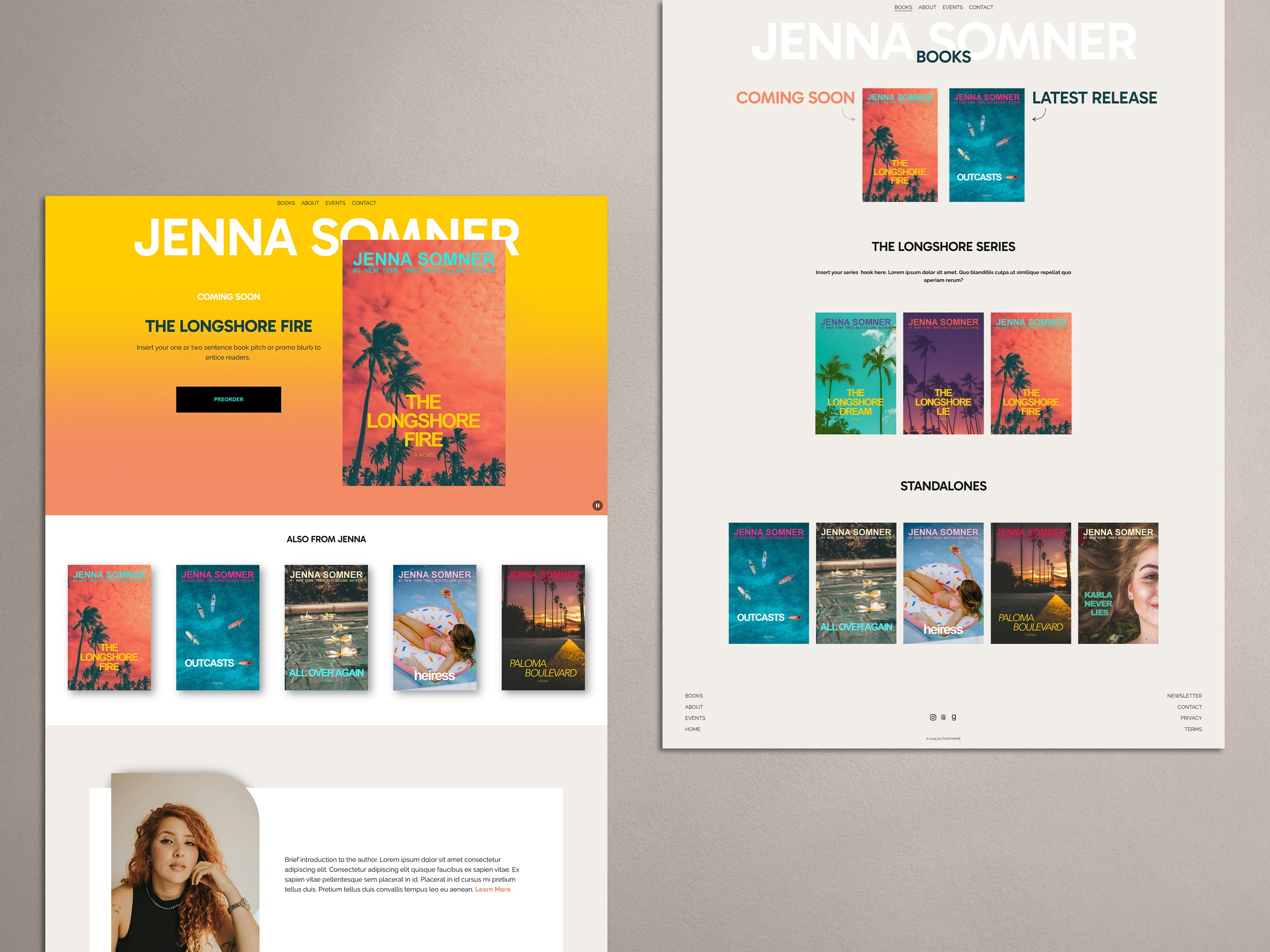 Light themed Squarespace website template for Contemporary authors with light aesthetic and orange accents.