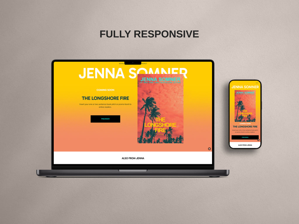 Laptop and phone of Modesta - Light Squarespace author website template showing responsive design.