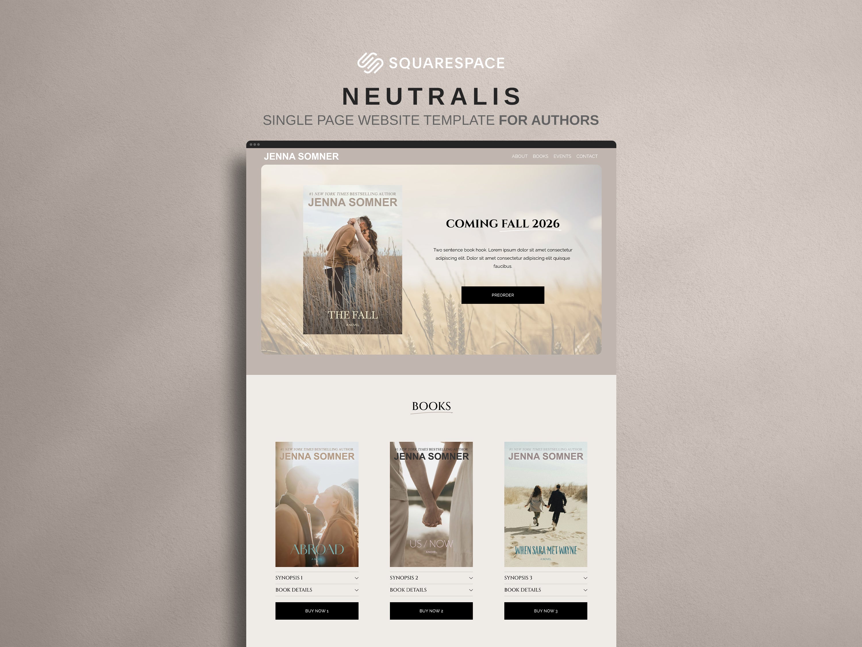 Neutralis author Squarespace website template home page against neutral background.