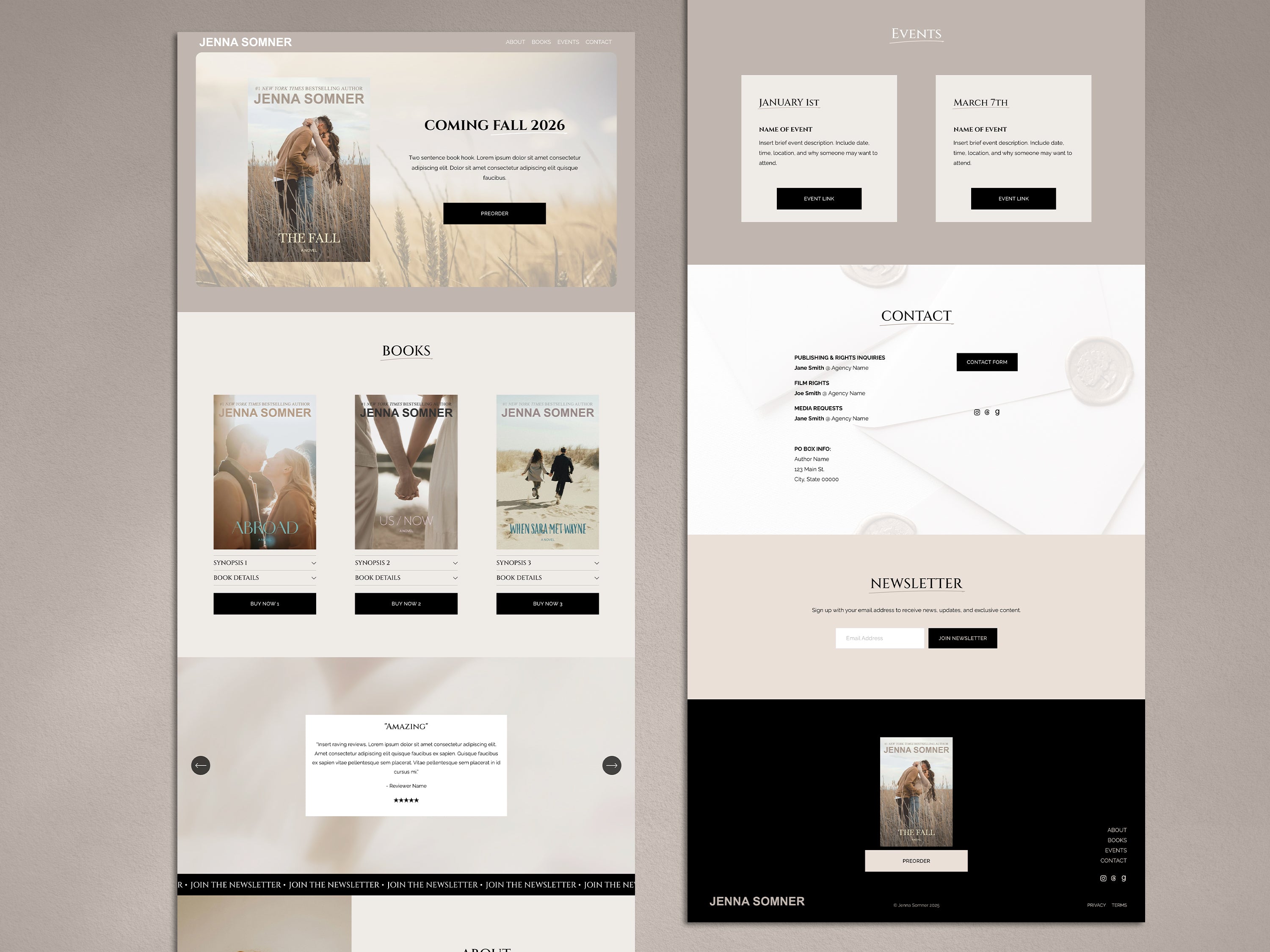 Neutralis Squarespace website template for romance authors with neutral aesthetic and black accents.