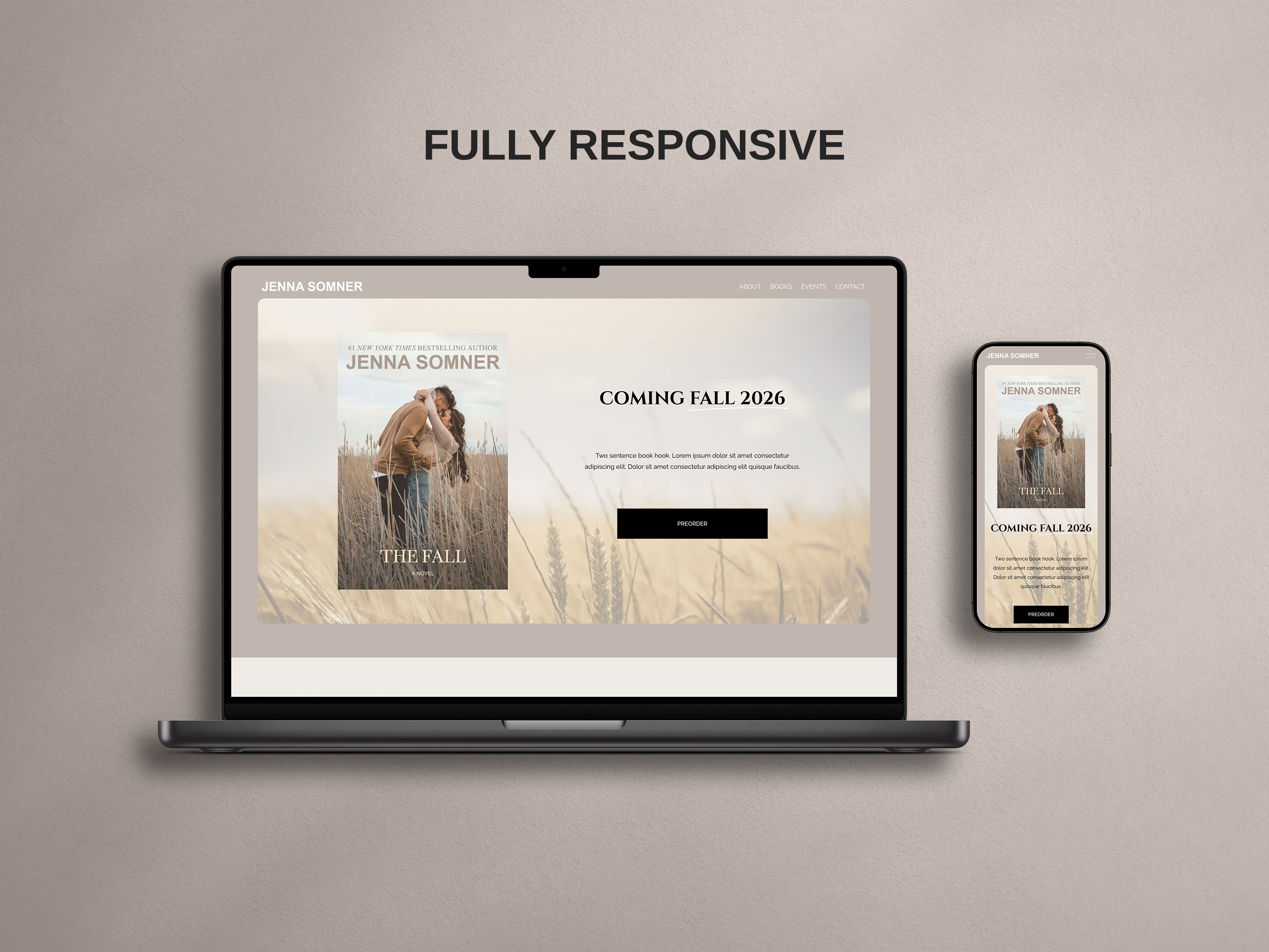 Laptop and phone of Neutralis Squarespace author website template showing responsive design.