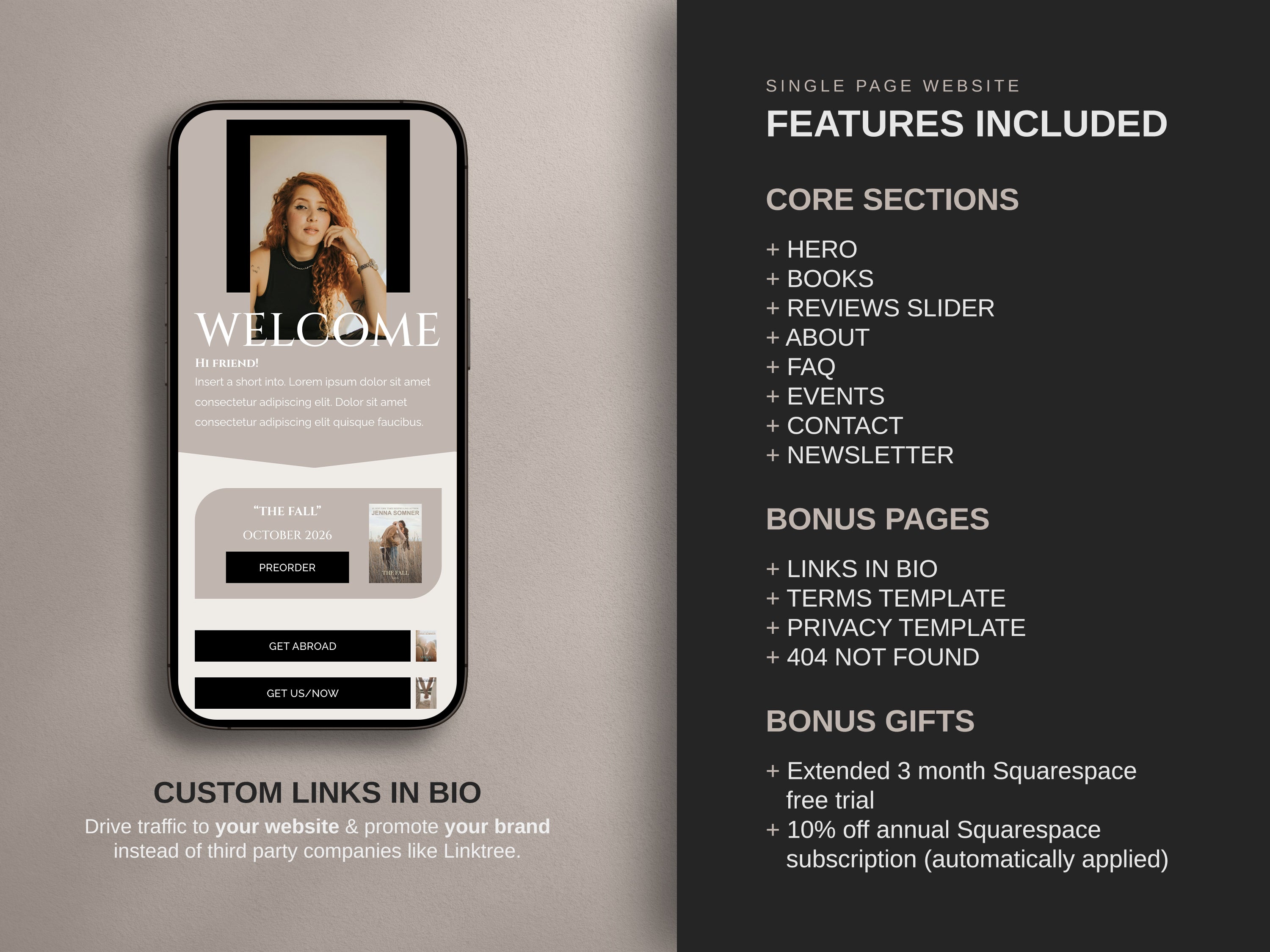 Neutralis author Squarespace website  template core and bonus pages listed on a neutral background.