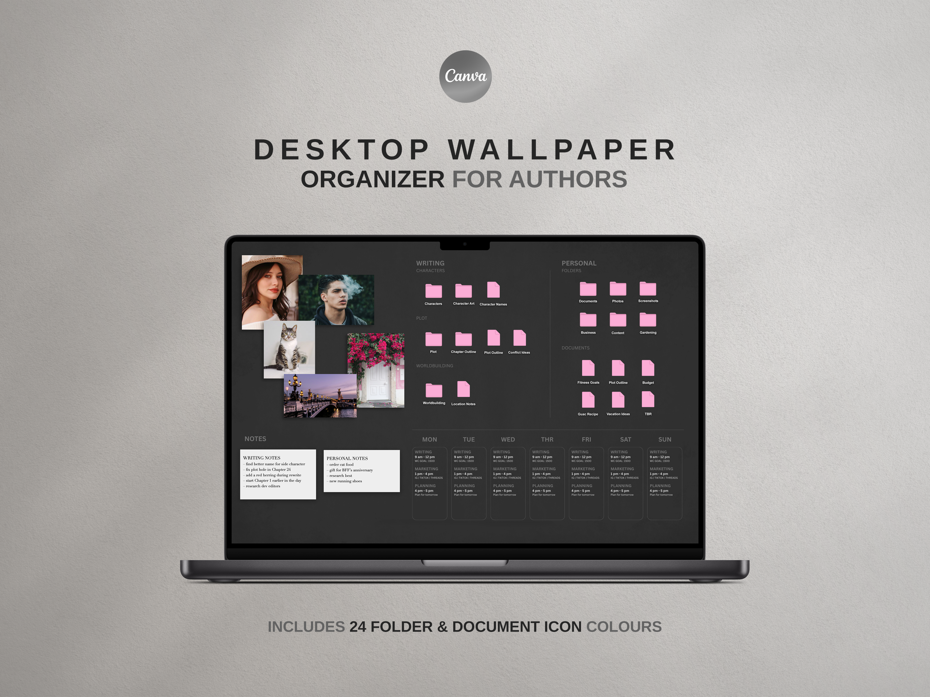Desktop Wallpaper Organizer For Authors - Dark - Canva Template