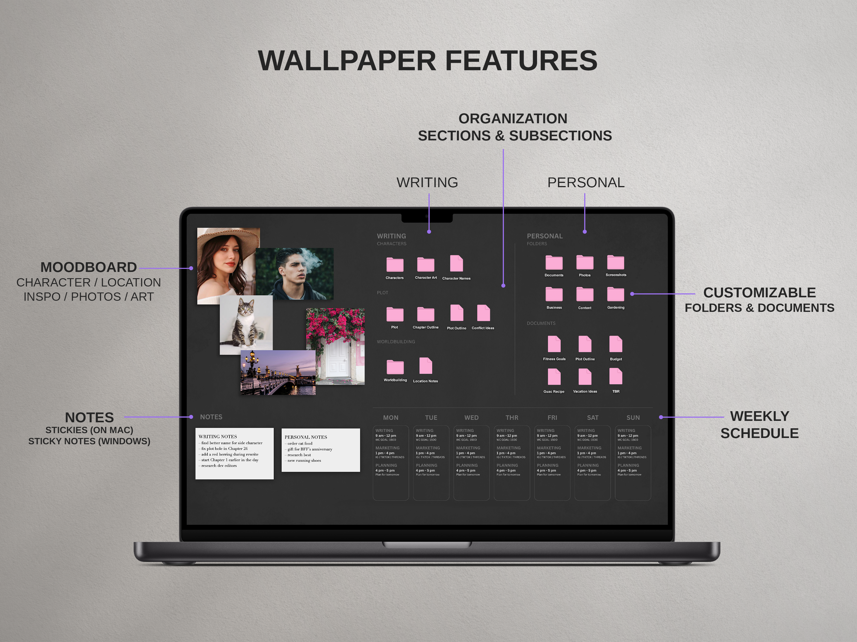 Desktop Wallpaper Organizer For Authors - Dark - Canva Template
